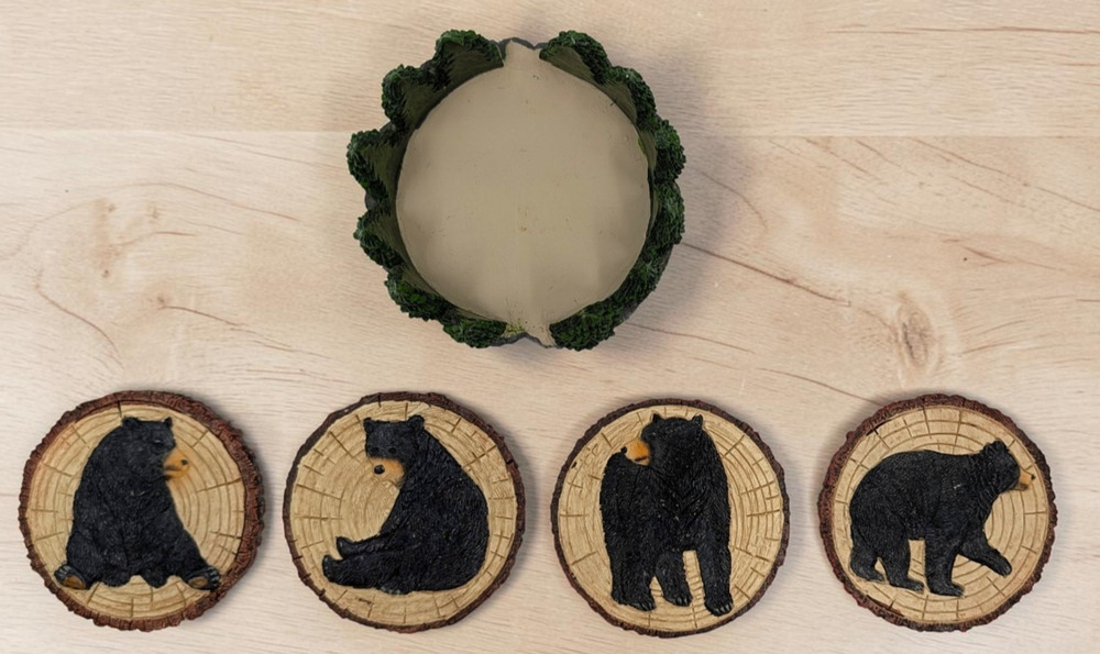 Black Bear Coaster Set & Holder Rustic Cabin Lodge Decor Set of 4 Resin Coasters